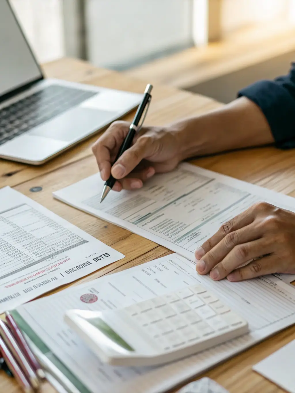 A close-up shot of hands meticulously organizing invoices, highlighting precision and attention to detail in financial tasks.