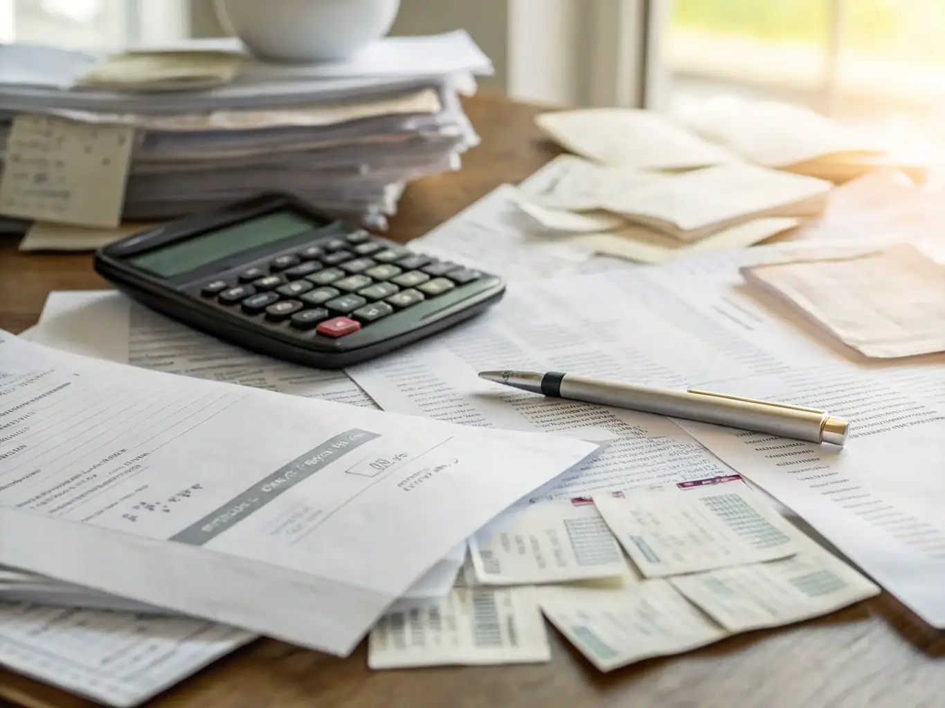 A professional workspace with invoices neatly organized, symbolizing efficient invoicing services provided by RM Solutions Kft.